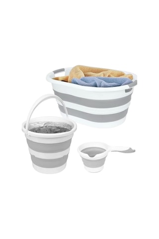 Vera Bath 3'lü Katlanır Multi Set Sepet-kova-maşrapa Beyaz - Gri