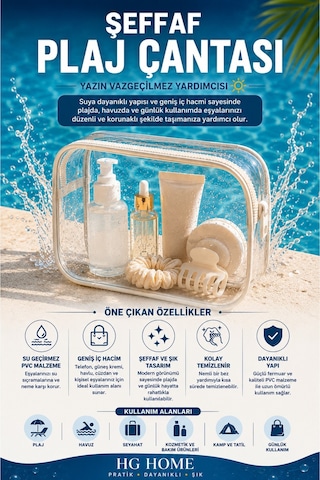Hig Home Bej Su Geçirmez Şeffaf Plaj Çantası Tatil İçin Organizer Beyaz