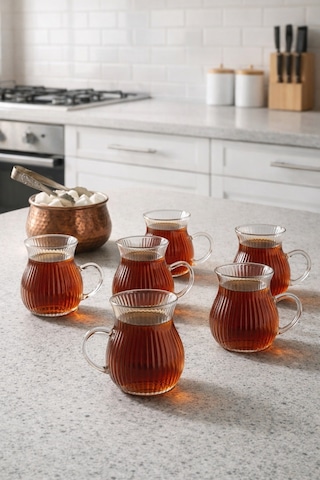 Vera 6 Lı Borosilikat Çizgili Cam Çay Bardağı Seti Çizgili Çay Takımı 200 Ml Şeffaf
