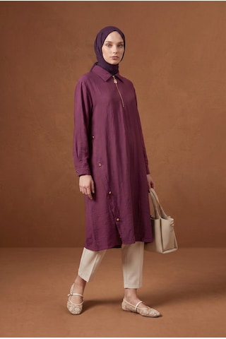 Armine Trend Fermuar Ve Yan Düğme Detaylı Yakalı Uzun Tunik 111 Cm Boy Vişne 26yt447