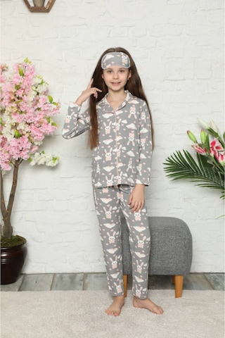 Kız Çocuk Gri Tavşan Desenli Uzun Kollu Pijama Takımı. Göz Bandı Dahildir. Gri - Beyaz