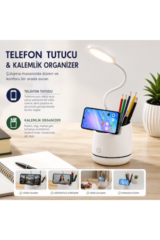Şarjlı Led Masa Lambası Dokunmatik 3 Modlu Telefon Tutuculu Kalemlik Organizerli Esnek Gövdeli Çalışma Lambası Beyaz