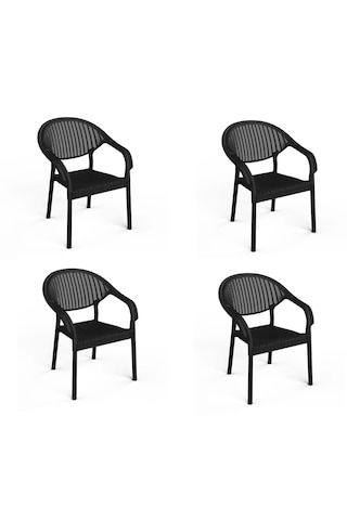 90 X 90 Bambu Plastik Rattan Camsız Bahçe Balkon Teras Kare Masa Takımı 4 Kolçaklı Sandalyeli Siyah