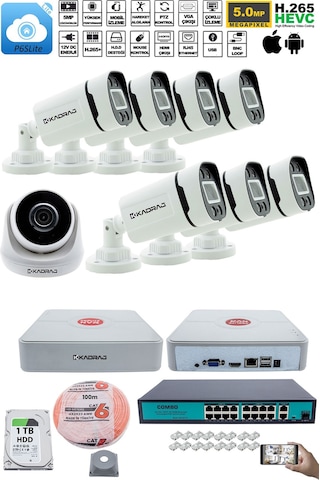 Ip Güvenlik Kamera Seti - 1 İç Mekan Ip Kamera, 7 Dış Mekan Ip Kamera, 1tb H.d.d 9 Kanal Nvr, Gece Görüş, Uzaktan İzleme, Hareket Tabiki, İnsan Tespi