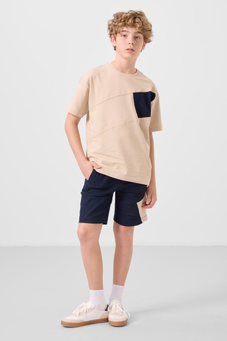 Bej-lacivert Pamuklu Oversize Fit Dokuma Hafif Esnek Chino Erkek Çocuk Şort Takım - 11275 Bej