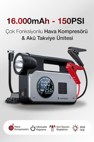 3 Ü 1 Arada Akü Takviye Cihazı Ve Hava Pompası 150 Psı Dijital Kompresör 16.000mah Powerbank Type-c
