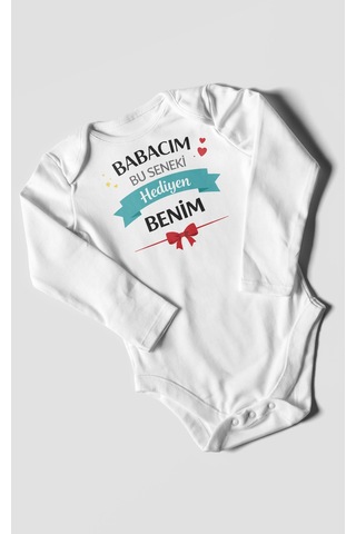 Morivokids Babacım Bu Seneki Hediyen Benim Uzun Kollu Bebek Body %100 Pamuk Beyaz