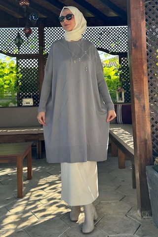 Rabia Şamlı Melda Triko Tunik Gri Çok Renkli