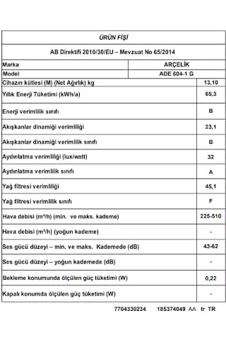 Arçelik ADE 604-1 G Ankastre Duvar Tipi Davlumbaz