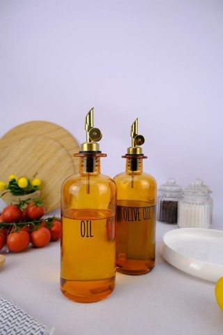 Digithome 2'li Zeytinyağı Ve Sıvıyağ Şişesi Otomatik Kapaklı Etiketli Yağdanlık Amber 500 Ml I/8 C1-1-289