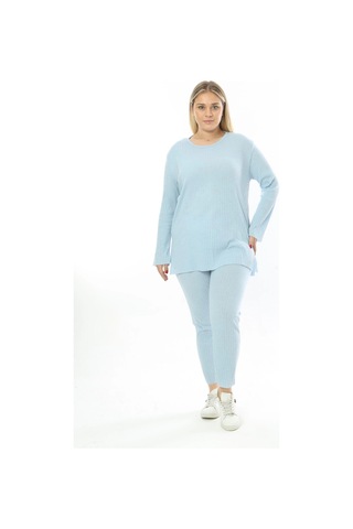Modasehle Büyük Beden Uzun Kollu Yüksek Bel Beli Lastikli Yırtmaçlı İnce Pijama Takım Uzun-mavi