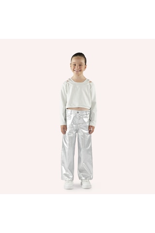 Panço Kız Çocuk Kolları Pencere Detaylı T-shirt Ekru 2421gk05017-4844 001