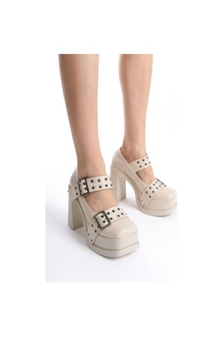 Asmi Shoes Kadın Viva Iki Toka Baletli 12 Cm Platform Topuklu Ayakkabı Krem Krem