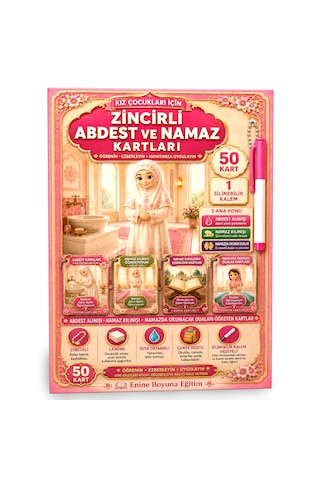 Kız Çocuklar İçin Zincirli Abdest Ve Namaz Kartları 50 Kart + Silinebilir Kalem