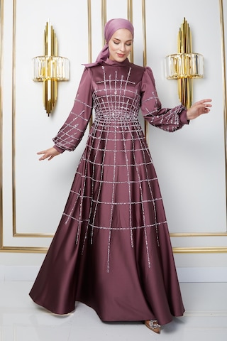 Olcay Önü Ve Kolları Taş Ve Pul Bezeli Kloş Saten Tesettür Abiye Elbise Gül Kurusu 1675