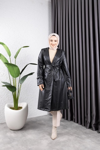 Harman Butik Kadın Deri Cepli Kuşaklı Trençkot Siyah Siyah