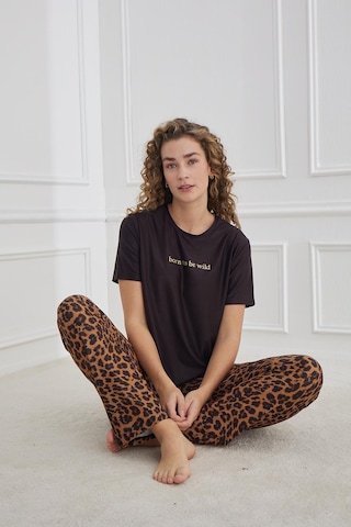 Kompedan Kadın Leopar Desenli Bisiklet Yaka Pijama Takım Siyah 30102-1287 Siyah
