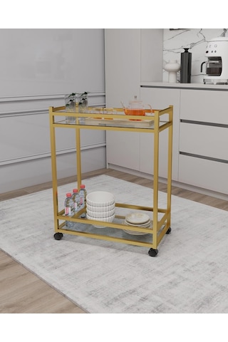 Çok Amaçlı Tekerlekli Sunum Servis Arabası Yan Sehpa Cam Raflı Gold Metal İskeletli Servant Genel