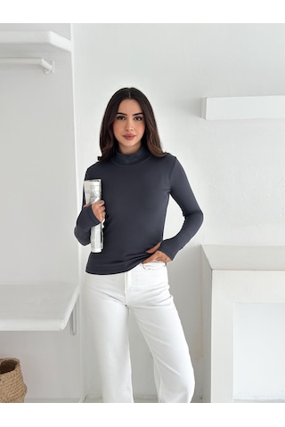 Kadın Yarım Balıkçı Yaka Parmak Geçmeli Full Likralı Buzz Body Antrasit