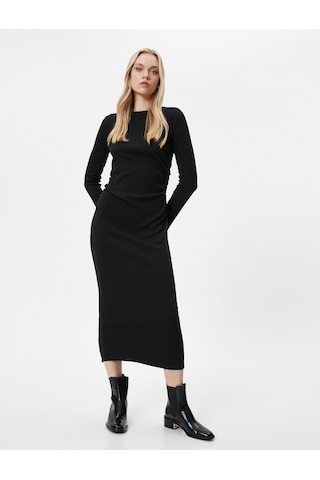 Koton Midi Elbise Bisiklet Yaka Uzun Kollu Slim Fit Siyah 4wak80399ek 4WAK80399EK999