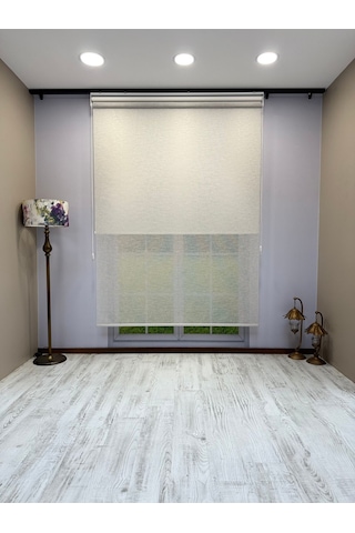 Çift Mekanizmalı Açık Gri Çizgili Desenli Tül Ve Beyaz Mat Stor Perde Gri