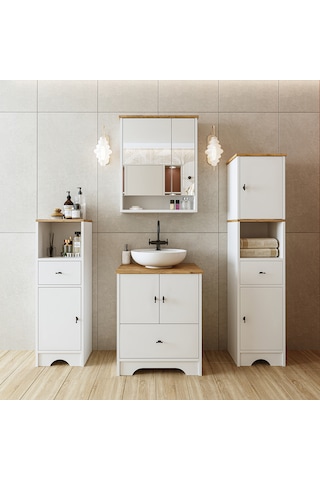 Lavabolu Banyo Dolabı Mat Beyaz Mdf 60 Cm Çekmeceli Banyo Dolabı Atlantik Çam - Beyaz