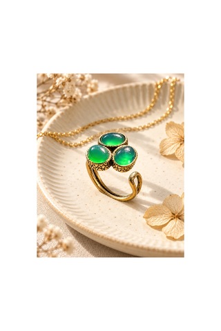 Esoo Jewelry Doğal Taş Detaylı 3 Taşlı Vintage Gold Ayarlanabilir Kadın Yüzük - Zümrüt Yeşili