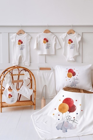 Lilabio %100 Organik Isme Özel Isimli Yazlık 10lu Hastane Çıkışı Fil Ve Kırmızı Balonlar Ekru