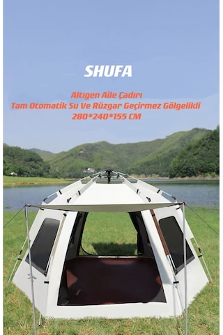 Tam Otomatik Su Ve Rüzgar Geçirmez Gölgelikli Altıgen Aile Çadırı 280x240x155 Cm Bej Bej