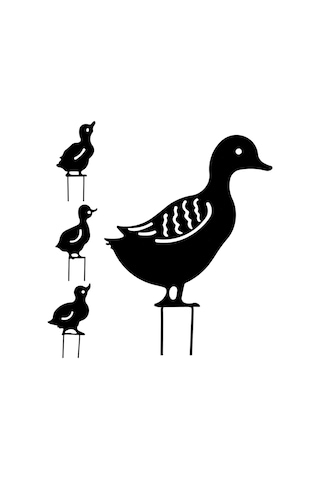 4'lü Sette Ördek Ailesi Bahçe Dekorasyonu Dış Mekan Bahçe Dekoru Metal Figürler Siluet Süsler