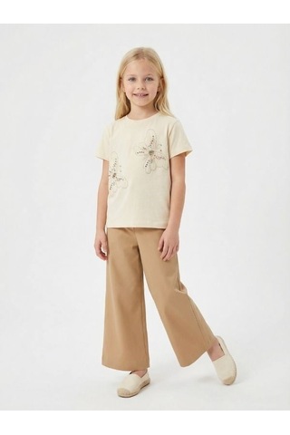 Zekids Kız Çocuk Bol Paça Modal Kumaş Tasarım Pantolon-17149 Bej