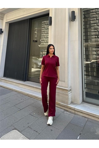 WeShaya Bordo Polyester Keten Polo Yaka Takım Bordo
