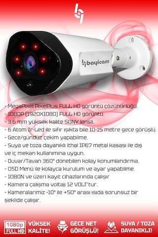 Bayicam 10 Kameralı Uzay 10 Dış Kamera Set 2 TB HDD Full HD Gece Görüşlü Güvenlik Kamerası Sistemi