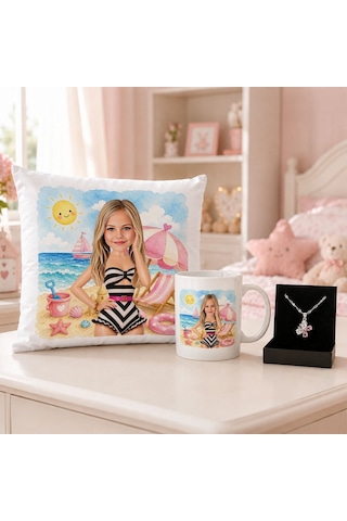 Bk Gift Kişiye Özel Karikatürlü Oyuncak Bebek Tasarımlı Kırlent Yastık & Beyaz Kupa & Kolye -3 Kız Çocuklarına Özel Hediye Seti