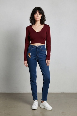 Kene Jeans Kadın Lacivert Tom Jerry Nakışlı Mom Pantolon Lacivert