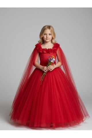 Zekids Kız Çocuk Kol Detaylı Prenses Model Abiye Elbise-17245 Kırmızı