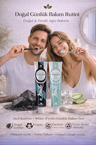 Ben & Anna Aktif Karbon + White Fresh Diş Macunu 2 Li Set Vegan, Doğal, 75 Ml Diş Minesi Bakımı