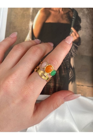 Vintage Renkli Oval Taşlı Çelik Kararmaz Ayarlanabilir Gold Yüzük