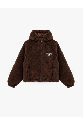 Koton Uzun Kollu Regular Fit Cepli Fermuarlı Crop Kapüşonlu Peluş Ceket Kahverengi 6wal20135ıw Kahve