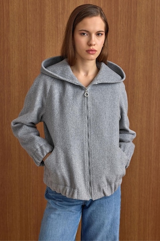 Olcay Kapüşonlu Beli Lastikli Oversize Kısa Kaban Açık Gri 3162
