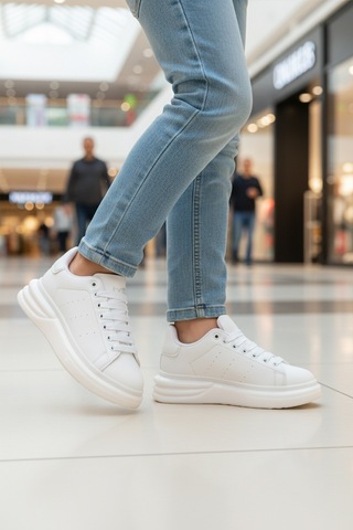 Beyaz Bağcıklı Cilt Hafifi Unisex Sneaker 628 G Beyaz