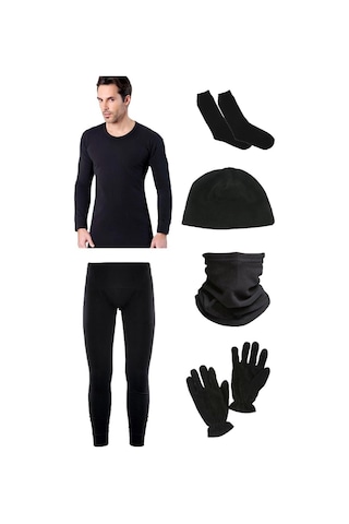 Siyah Termal Içlik Takımı Polar Bere Boyunluk Eldiven Havlu Çorap Seti Siyah