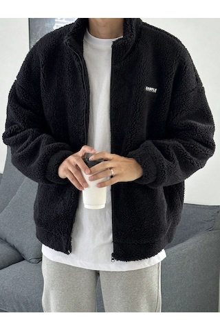 Oversize Tam Fermuarlı Kuzu Sweatshirt İçi Polarlı Sherpa Kumaş Sweatshirt Siyah