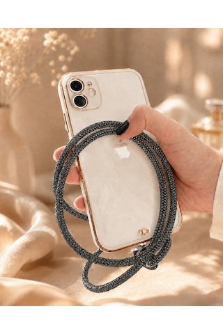 Koyu Gri Taşlı Telefon Boyun Askısı Kristal Taşlı Şık Boyun Askısı