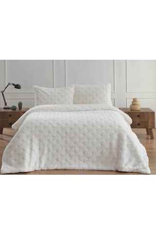 Merinos Diamond Çift Kişilik Yatak Örtüsü Peluş Kürk Yumuşak Comforter Yorgan Seti Ekru
