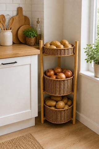3 Katlı Bambu Rattan Organizer Sepet Mutfak Banyo Salon Düzenleyici Raf Sebzelik Patates Soğanlık