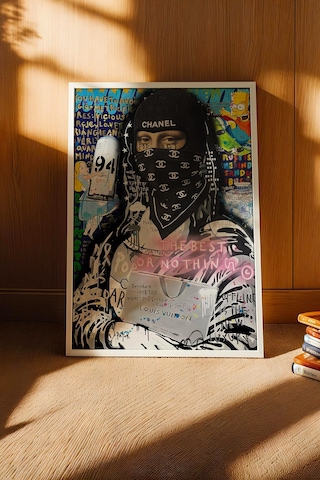 Chanel Maskeli Mona Lisa Çerçeveli Tablo Lüks Butik Güzellik Salonu Dekoru Street Art