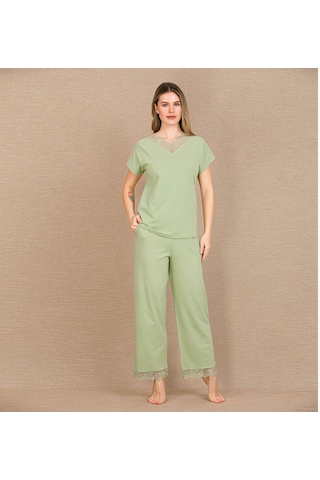 İkikareshop Pamuklu Şık Tasarım Dantel İşlemeli Yeşil Kısa Kol Pijama Takımı Çok Renkli