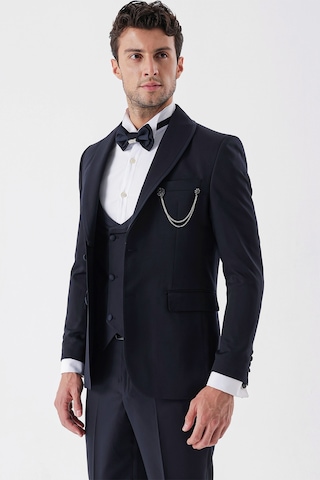 İmza Koyu Lacivert Desenli Armürlü Çıkarılabilir Şal Yaka Kruvaze 6 Drop Slim Fit Smokin Damatlık Takım 1001230214-Koyu Lacivert
