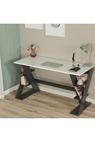 Pasific Home Lungo Raflı Çalışma Masası, Ofis Masası, 60X140 Cm, Antrasit&Beyaz Antrasit  -  Beyaz